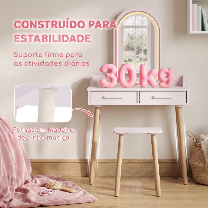 AIYAPLAY Toucador Infantil para Menina com Espelho LED de 3 Cores, Banco e 2 Gavetas, 3-8 Anos, Rosa