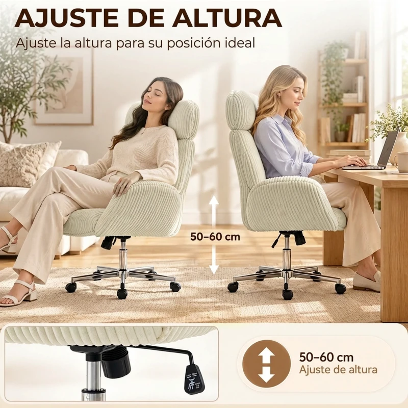 HOMCOM Silla de Oficina con Reposabrazos Respaldo Alto Reposacabezas Regulable Ruedas Altura Ajustable Giratoria Crema