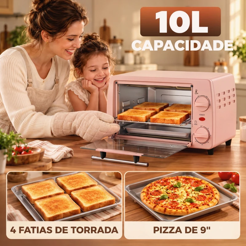 HOMCOM Forno Elétrico de Bancada 10 L 750 W com Temperatura até 230 °C e Temporizador 36,5x26x22 cm Rosa