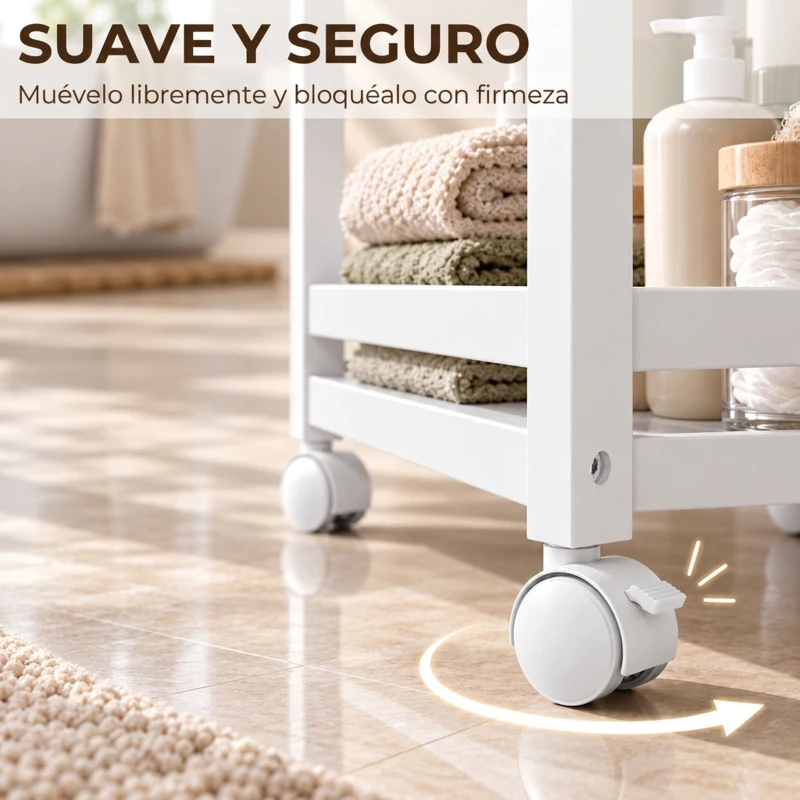 HOMCOM Estantería de Baño de Bambú de 3 Niveles Carrito Auxiliar de Almacenaje con Ruedas 55x20x75 cm Blanco