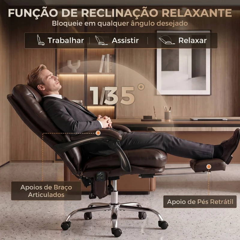 HOMCOM Cadeira de Escritório com 6 Pontos de Massagem, Calor Lombar, Apoio para os Pés, Altura Ajustável, Comando e Revestimento em PU, Castanho