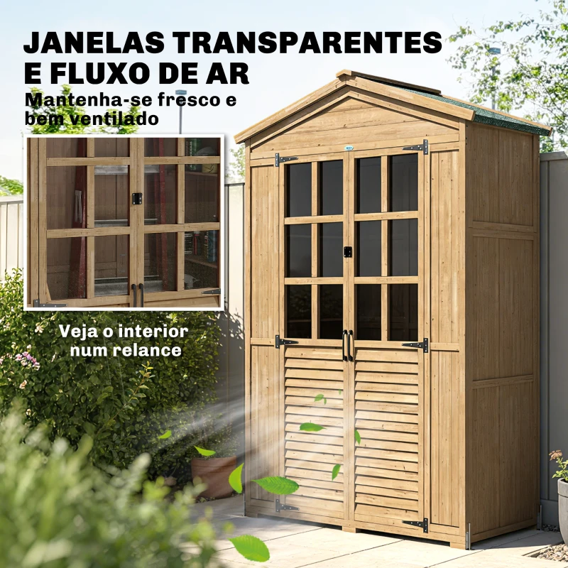 Outsunny Armário de Jardim em Madeira com Prateleiras, Janelas Acrílicas, Telhado Asfáltico e Portas com Fecho, Castanho Claro