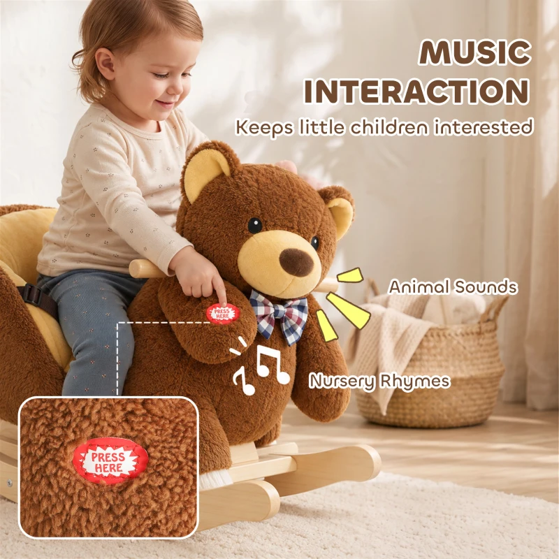 AIYAPLAY Rocking Horse Toy, Cartoon Bear Wooden Ride on Horse with Seat Belt, Music, Pretend Play Toy for Toddlers 18-36 M, Brown