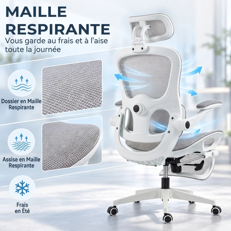 HOMCOM Chaise Bureau Ergonomique Inclinable en Maille, Support Lombaire, Appui-Tête, Accoudoirs Relevables, 62x66x126cm, Gris