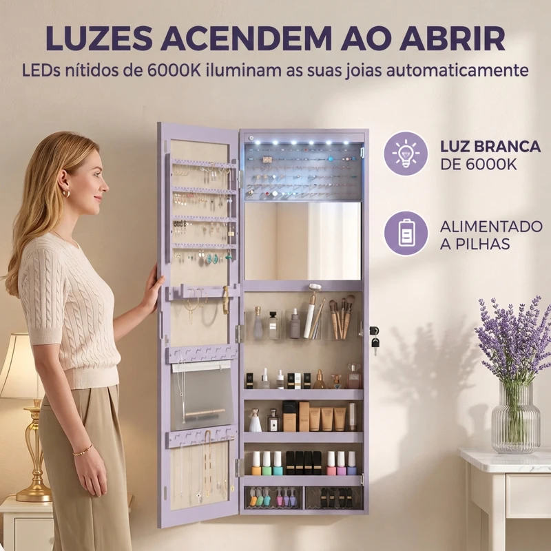 HOMCOM Espelho para Joias de Parede com Luzes LED, Espelho Interior Rebatível e Fechadura, para Parede ou Porta, Roxo