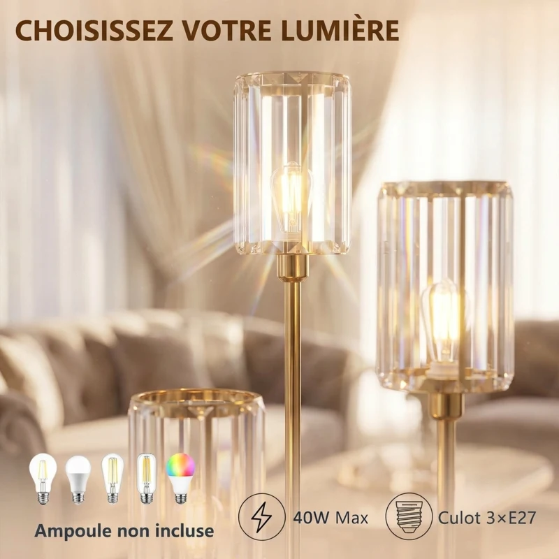 HOMCOM Lampadaire Étagère Verre 3 Lumières Lampe sur Pied Abat-jour Verre Doré