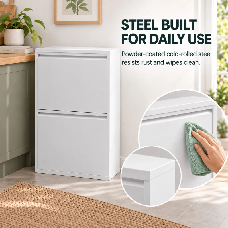 HOMCOM Meuble Poubelle de Tri Sélectif 60 L (4 x 15 L), 4 Compartiments, Fermeture Amortie, Seaux Intérieurs Amovibles, Blanc