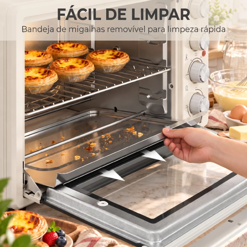 HOMCOM Forno Elétrico de Bancada 32L 1600W com 3 Modos de Calor, Temporizador e Temperatura Regulável, 52,2x38,1x33,5 cm, Creme