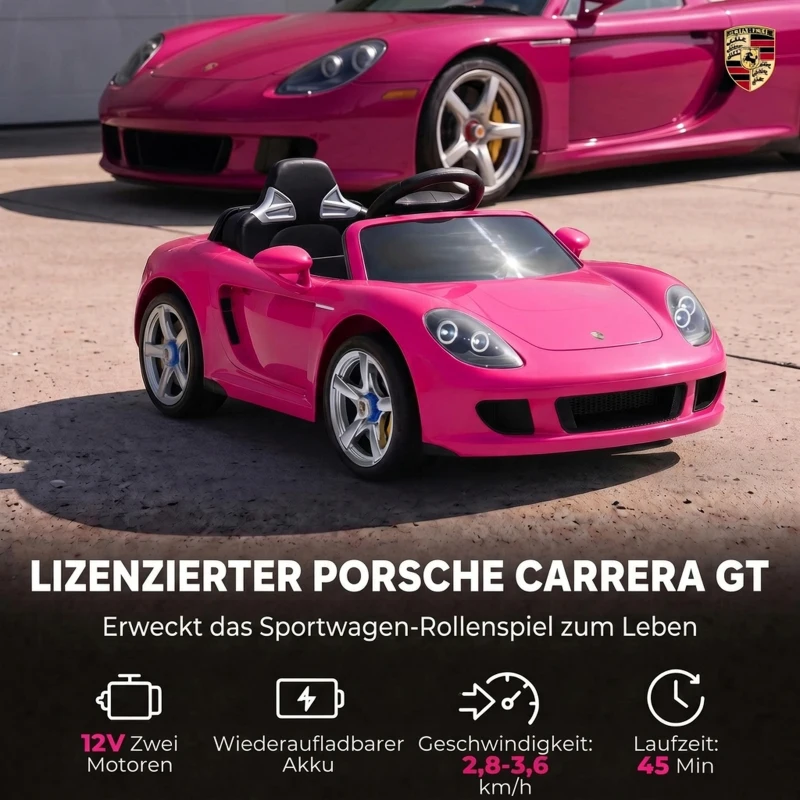 AIYAPLAY Porsche 12V elektrische kinderauto met lithium-accu, afstandsbediening, 2 motoren, softstart en achtervering