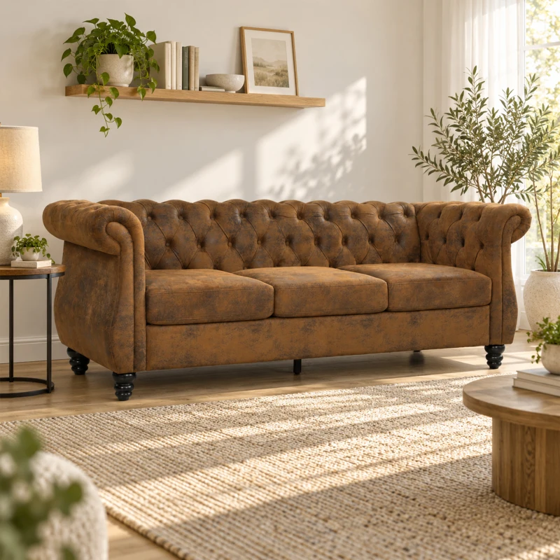 HOMCOM Divano 3 Posti Chesterfield con Seduta Ampia in Tessuto Effetto Pelle, 206x82x76 cm, Caffè