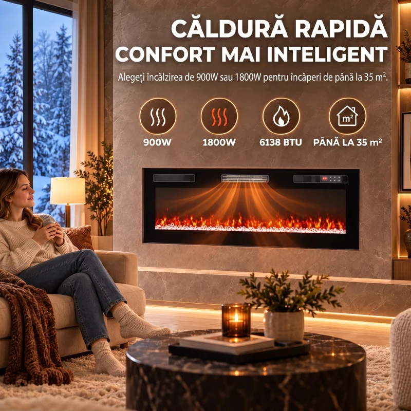 HOMCOM Șemineu Electric 127 cm, Încastrat/Perete/Podea, Ultrasubțire 8,3 cm, cu Telecomandă, 900/1800W, Timer, Negru