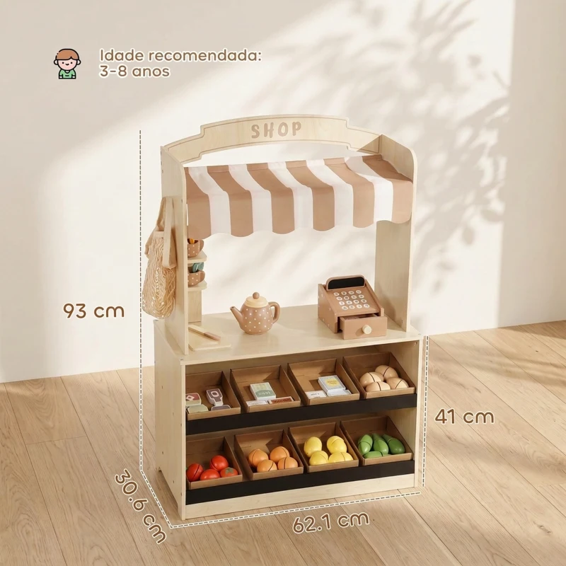 AIYAPLAY Supermercado Infantil de Madeira com Caixa Registadora, Jogo de Chá, Quadro, 8 Caixas e Toldo