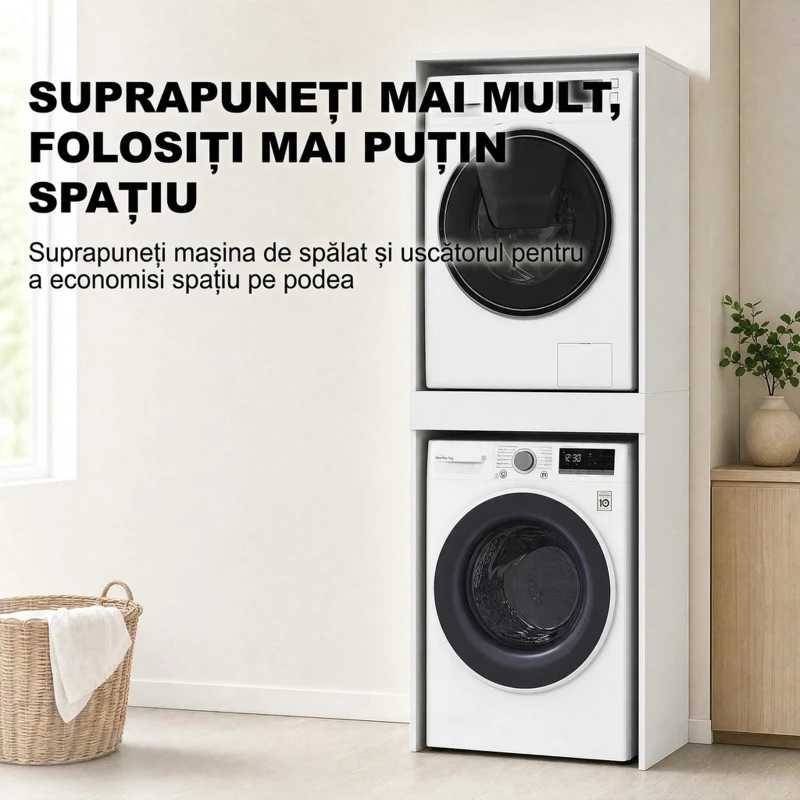 HOMCOM Dulap Compact pentru Mașină de Spălat și Uscător cu Suport Extensibil pentru Haine, Alb