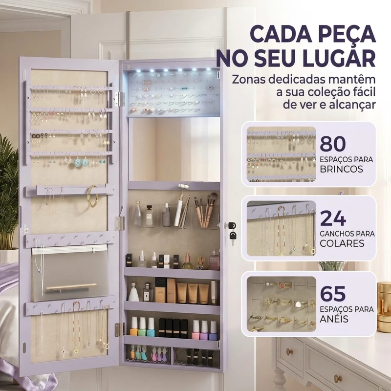 HOMCOM Espelho para Joias de Parede com Luzes LED, Espelho Interior Rebatível e Fechadura, para Parede ou Porta, Roxo