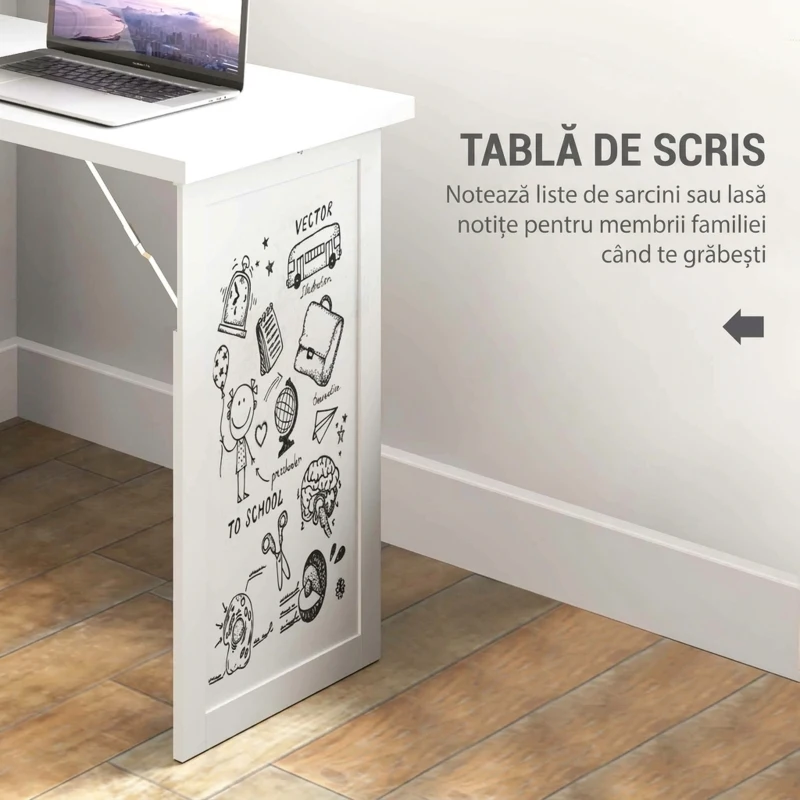 HOMCOM Birou modern pliabil cu bibliotecă și tablă, din lemn și metal, 98x51x153 cm, alb