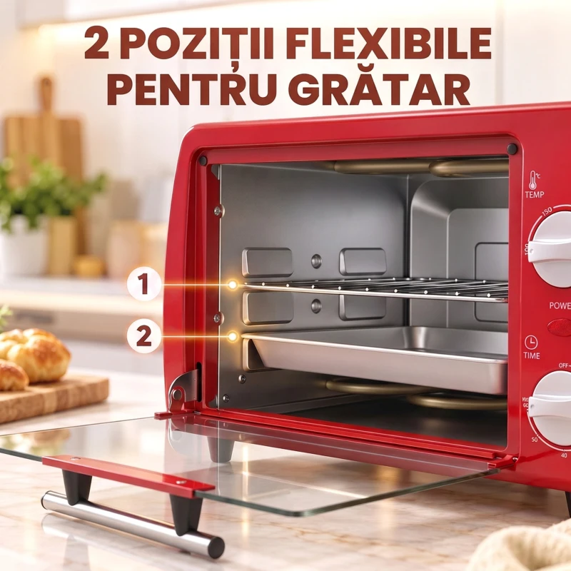 HOMCOM Mini cuptor electric 10L, 750W, cu temperatură reglabilă și timer, 36,5x26x22 cm, roșu