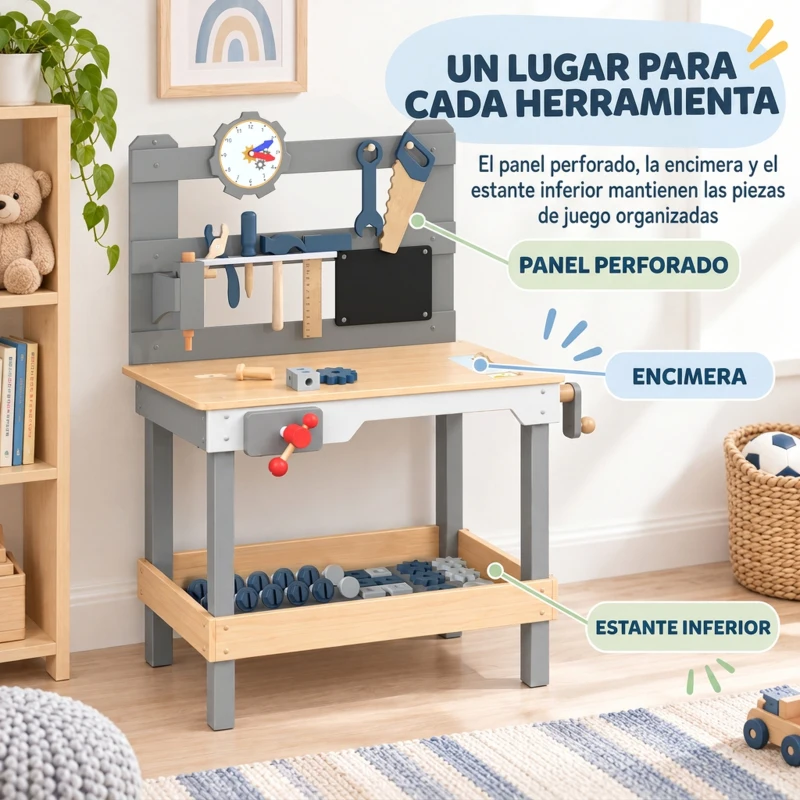 AIYAPLAY Banco de Herramientas para Niños de Madera con Pizarra 15 Accesorios Reloj con Agujas Móviles Estante 3-6 años Gris