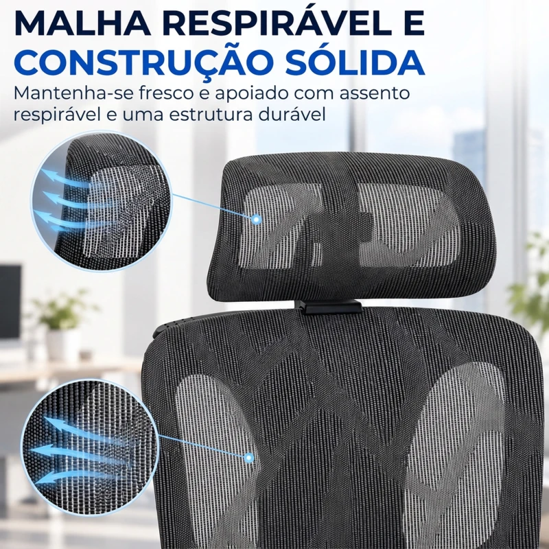 HOMCOM Cadeira de Escritório em Malha com Apoio para os Pés Encosto Reclinável Apoio Lombar Apoios de Braços e Apoio de Cabeça Ajustáveis Cinza