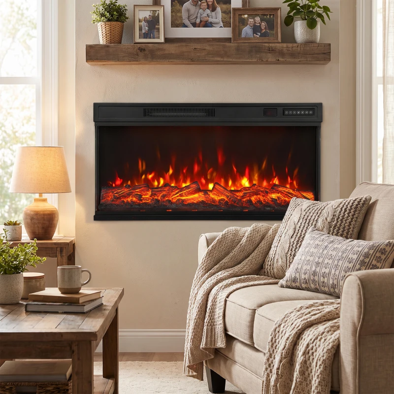 HOMCOM 40" Electric Fireplace Insert, 3-Sided Freestanding/Wall Recessed Electric Fire Heater with Adjustable Flame, 1800W