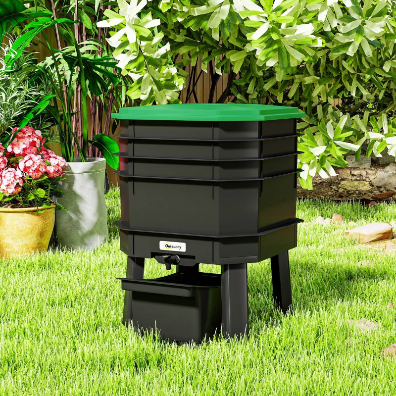 Outsunny 4-Tray Worm Composter Bin, 28L Worm Composter for Outdoor & Indoor Recycling Food Waste, Dark Green