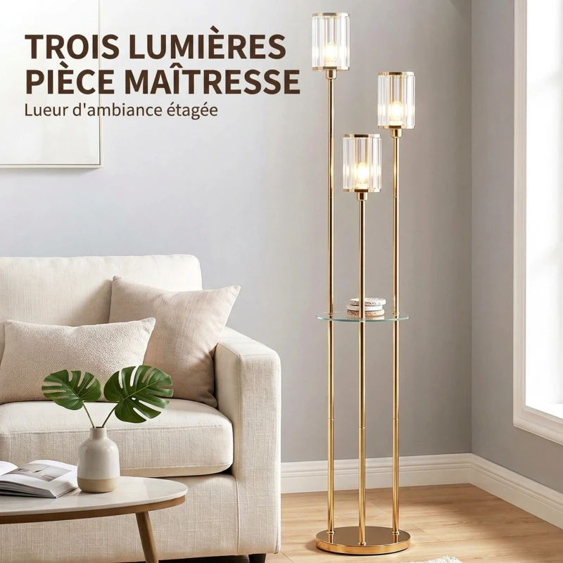 HOMCOM Lampadaire Étagère Verre 3 Lumières Lampe sur Pied Abat-jour Verre Doré