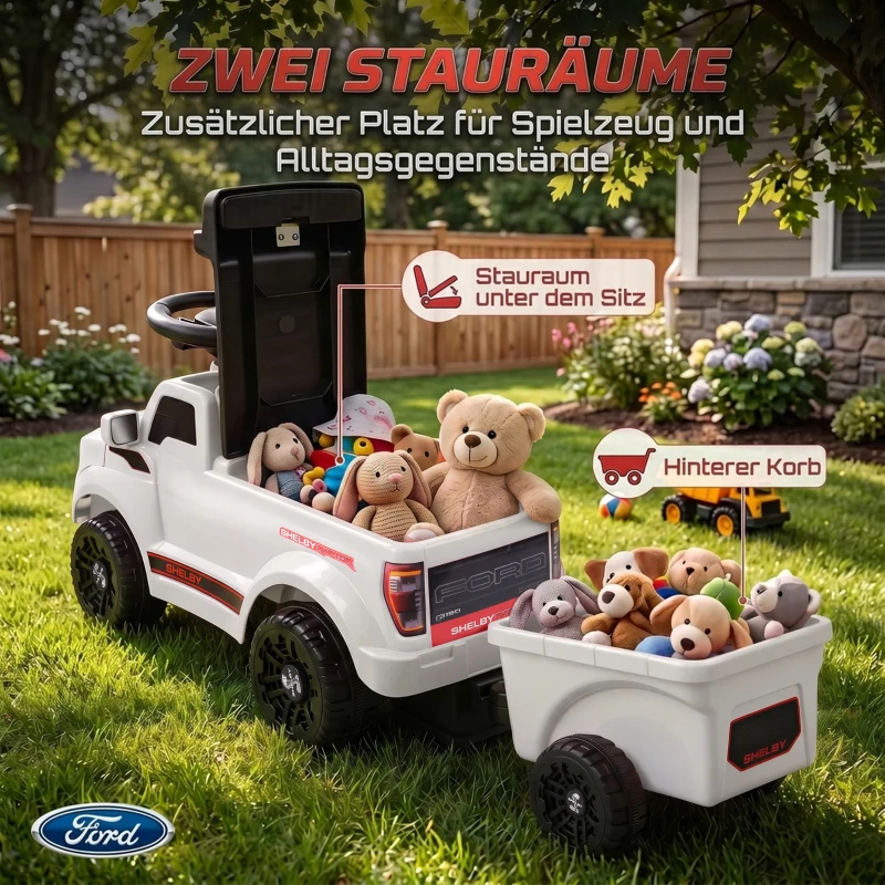 AIYAPLAY Rutschauto für Kleinkinder, Shelby Kinderauto mit hinterem Korb, aufklappbarer Motorhaube, für 18–72 Monate, Weiß