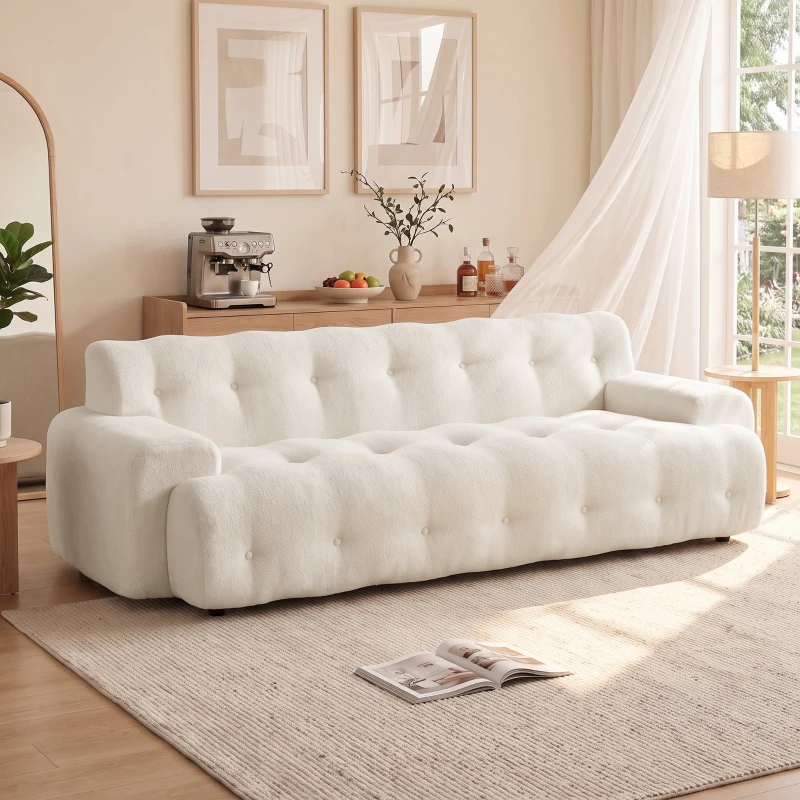 HOMCOM Sofá de 3 Lugares em Chenille sem Estrutura com Assento Profundo e Acabamento Capitoné, Creme
