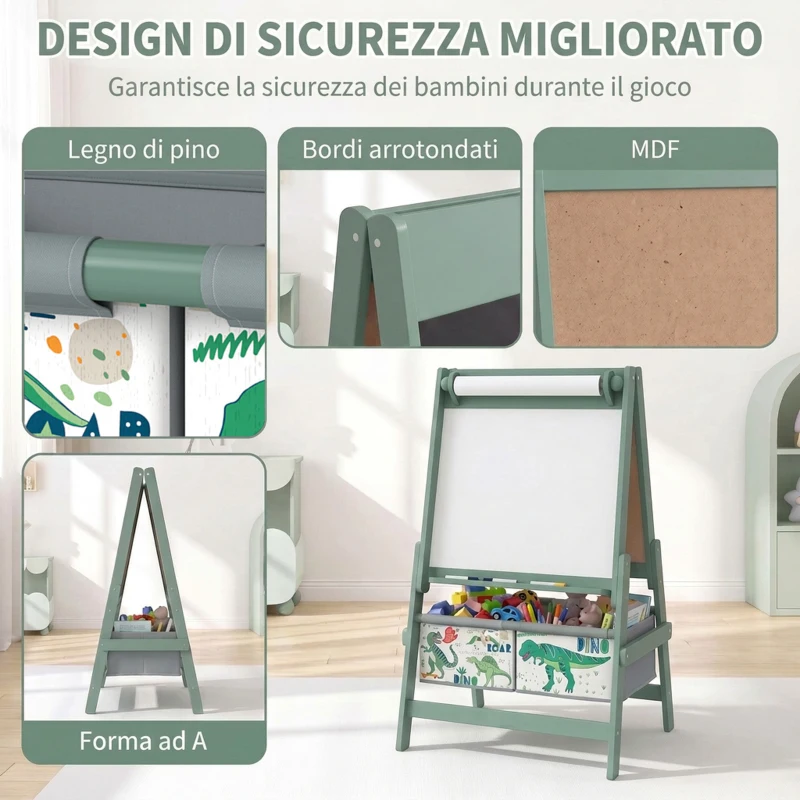 AIYAPLAY Lavagna per Bambini 3 in 1 a Doppia Facciata con Cavalletto, Rotolo di Carta, 2 Contenitori, 3-8 Anni, Verde