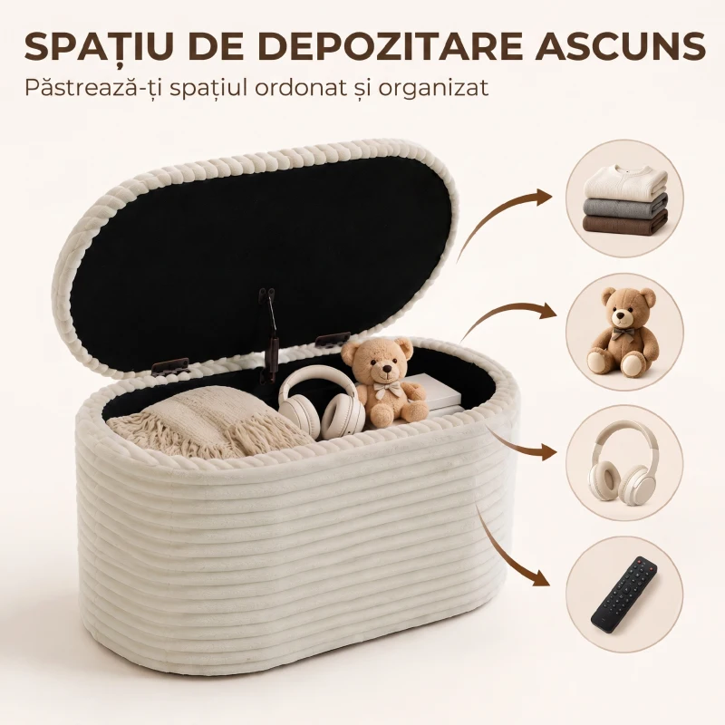 HOMCOM Set 3 piese cu spațiu de depozitare din catifea raiată, pentru living și dormitor, crem