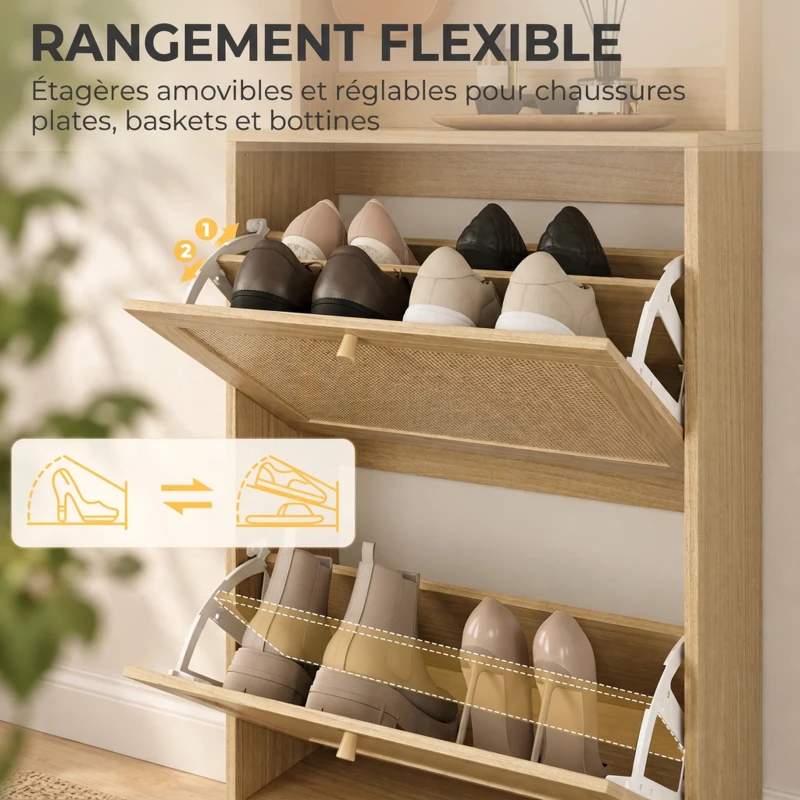 HOMCOM Porte-Manteau 2 en 1, Meuble d'Entrée avec Meuble à Chaussures, Portes Effet Rotin et 8 Crochets, Bois Naturel