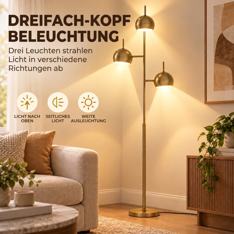 HOMCOM Stehlampe 350° verstellbar für Wohnzimmer und Büro Stehleuchte mit 3 Schirmen aus Stahl Gold