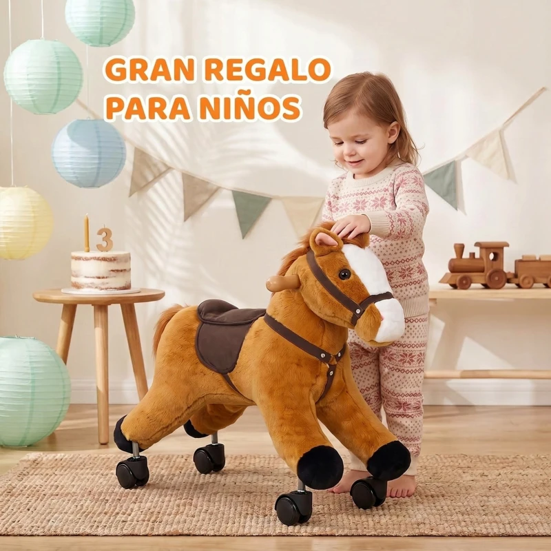 AIYAPLAY Caballo de Juguete para Montar con Ruedas, Correpasillos de Felpa con Sonidos de Cascos y Relinchos, Marco de Metal, Regalo para Niños y Niñas 18-36 Meses, Carga 50 kg, Marrón