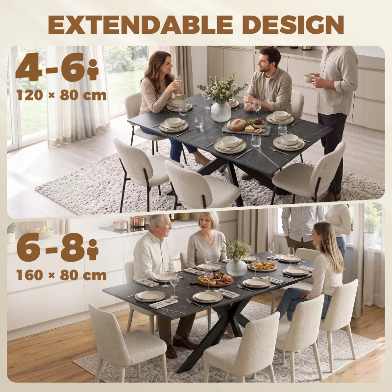 HOMCOM Extendable Dining Table Steel Cross Legs Steel Rails Space Saving Black