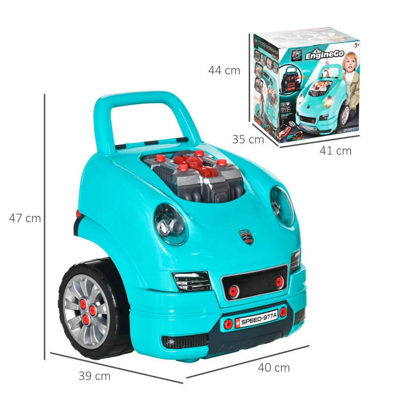HOMCOM Juego Infantil de Motor con Herramientas 61 Piezas Volante Bocina Faros Caja de Almacenaje y Ruedas 40x39x47 cm Turquesa