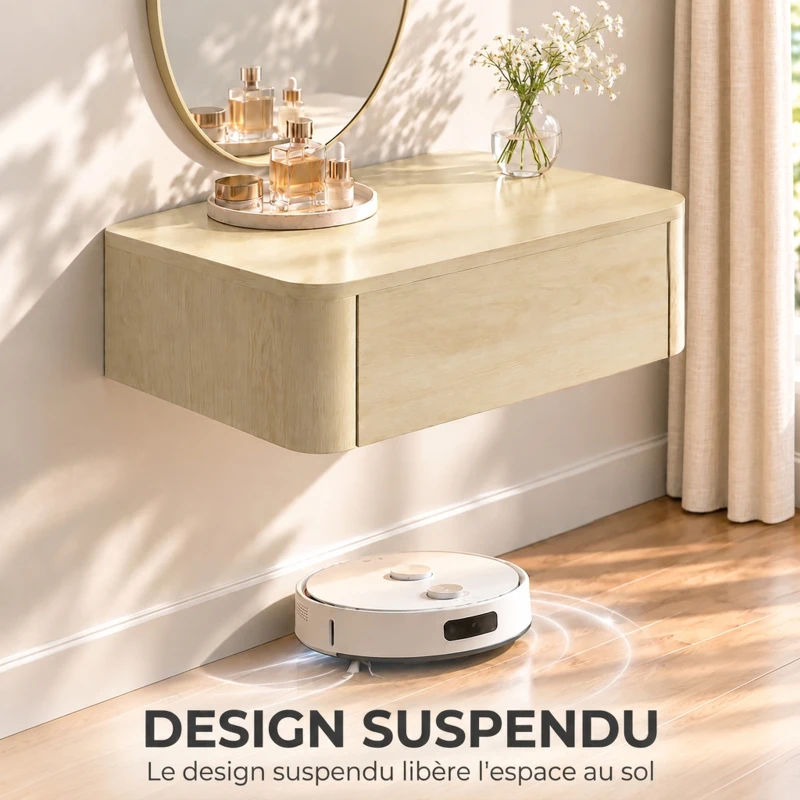 HOMCOM Coiffeuse Murale Moderne avec Miroir Rond et Tiroir Dissimulé, pour Chambre, Petit Espace, 60 x 38 x 18 cm, Chêne