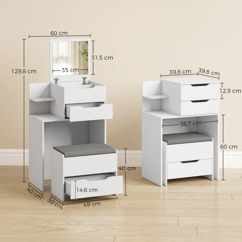 HOMCOM Kaptafel met spiegel en kruk, opklapbare spiegel, make-uptafel met lades, wit