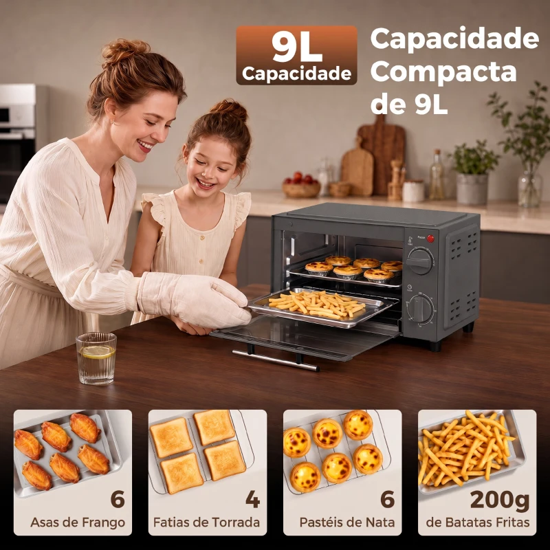 HOMCOM Mini Forno Elétrico 9 L de Bancada 750 W com Temperatura Ajustável e Temporizador, 35x24,6x20 cm, Cinzento