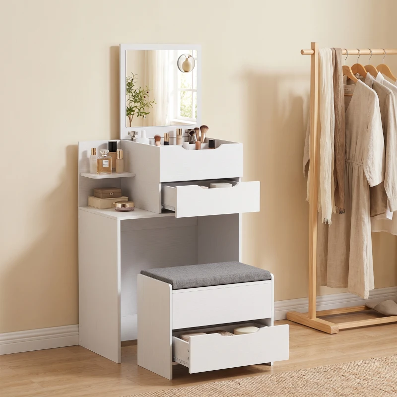 HOMCOM Kaptafel met spiegel en kruk, opklapbare spiegel, make-uptafel met lades, wit