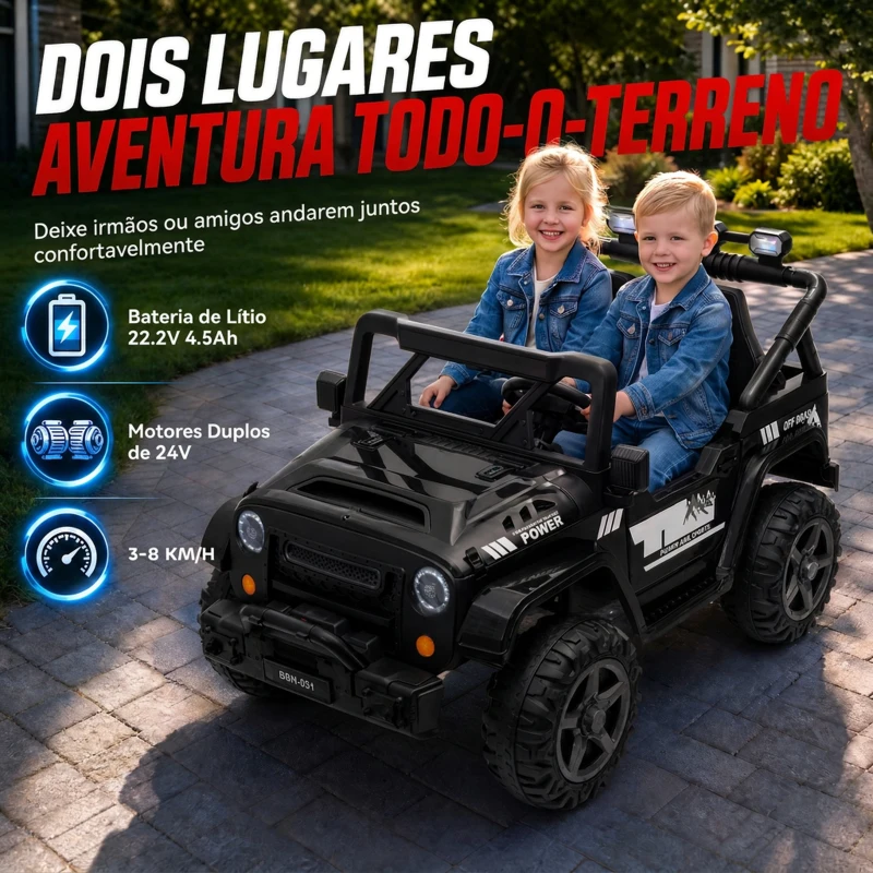 AIYAPLAY UTV Elétrico Infantil 24 V de 2 Lugares com Comando à Distância, Suspensão Traseira, Música e Luzes, Preto, +3 Anos