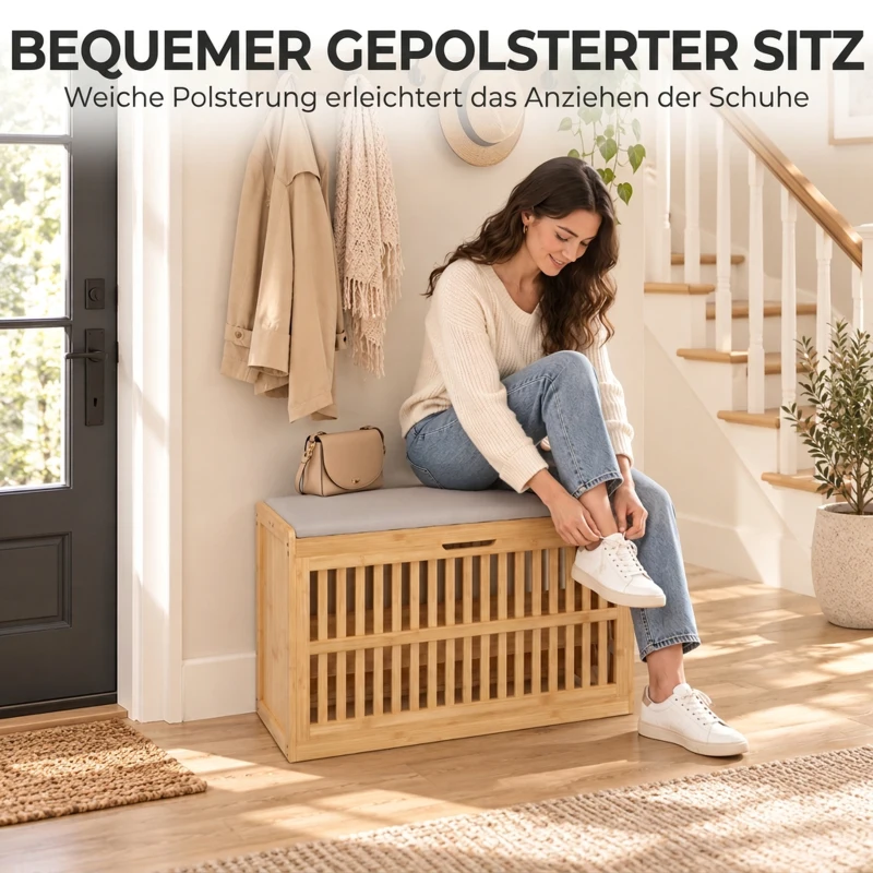 HOMCOM Schuhbank mit Sitzfläche, Bambus Schuhregal mit belüftete Kippaufbewahrung Verstellbare Ablage Sitzkissen 80 x 30 x 48cm