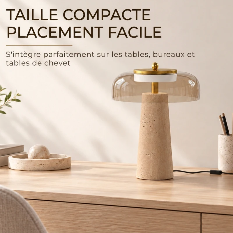 HOMCOM Lampe de Table Vintage avec Abat-Jour en Verre et Base en Travertin, Lampe de Chevet Rétro, Lumière Chaude 3000 K, Ambre