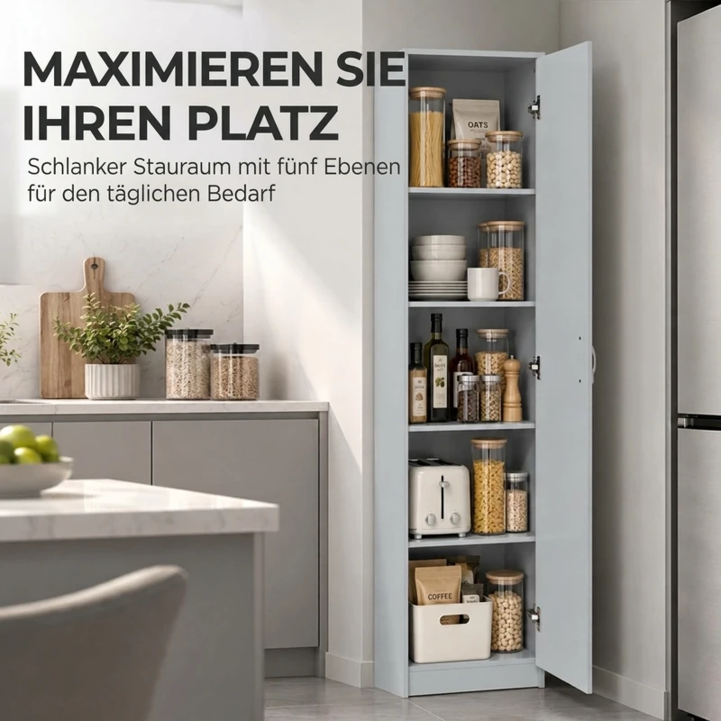 HOMCOM Küchenschrank, 5-Ebenen-Aufbewahrungsschrank, verstellbare Regale, für Wohnzimmer, Küche, Vorratskammer, Holz, Grau