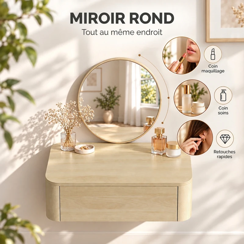 HOMCOM Coiffeuse Murale Moderne avec Miroir Rond et Tiroir Dissimulé, pour Chambre, Petit Espace, 60 x 38 x 18 cm, Chêne