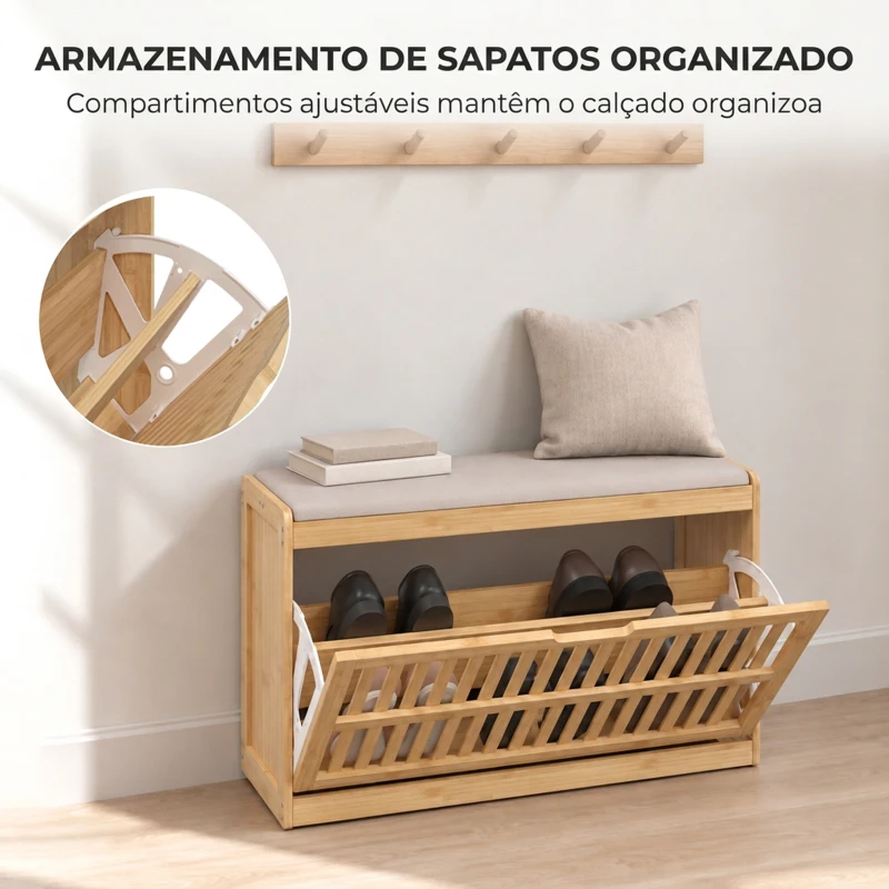 HOMCOM Banco Sapateira com Compartimento Basculante e Assento Acolchoado 80x30x48 cm Natural e Bege