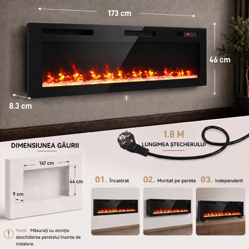 HOMCOM Șemineu electric 173 cm, 3 în 1, ultrasubțire 8,3 cm, cu telecomandă, 900/1800 W, timer, negru