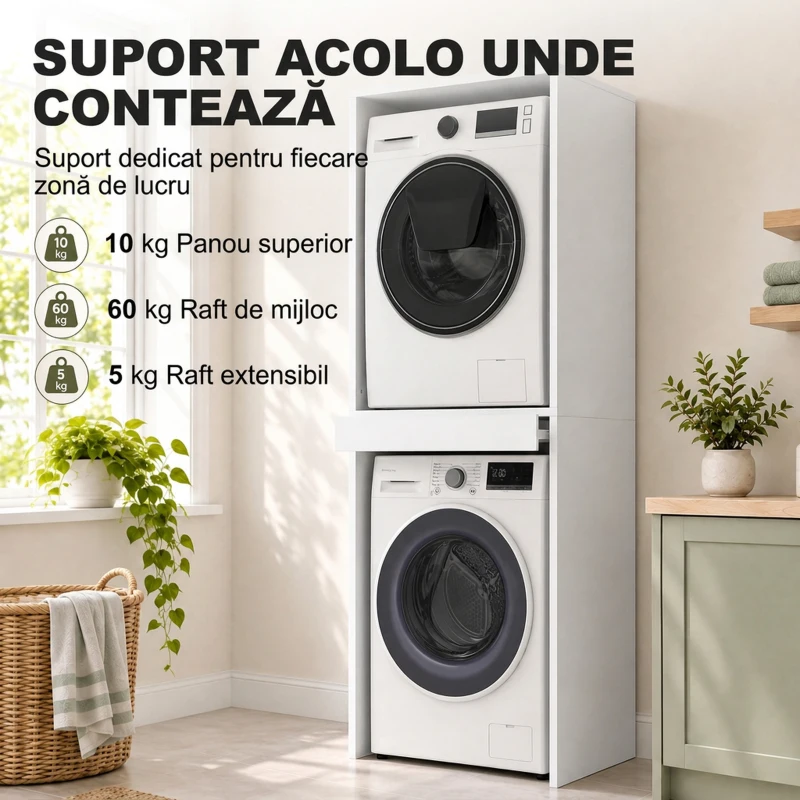 HOMCOM Dulap Compact pentru Mașină de Spălat și Uscător cu Suport Extensibil pentru Haine, Alb