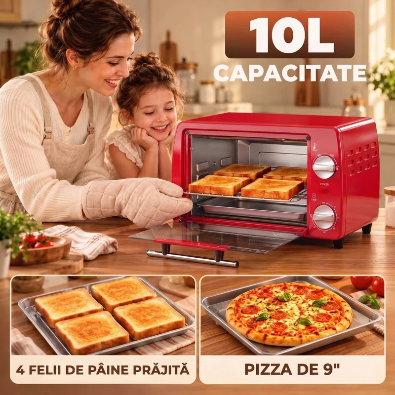HOMCOM Mini cuptor electric 10L, 750W, cu temperatură reglabilă și timer, 36,5x26x22 cm, roșu