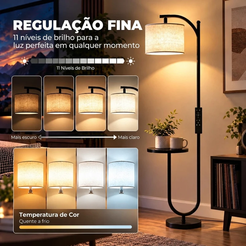 HOMCOM Candeeiro de Pé LED Regulável com Prateleira 11 Temperaturas de Cor e Níveis de Brilho Cúpula Ajustável Comando RF e Interruptor de Pé Preto