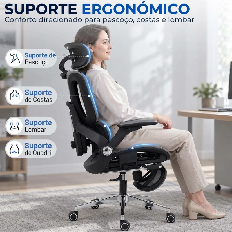 HOMCOM Cadeira de Escritório em Malha com Apoio para os Pés Encosto Reclinável Apoio Lombar Apoios de Braços e Apoio de Cabeça Ajustáveis Cinza