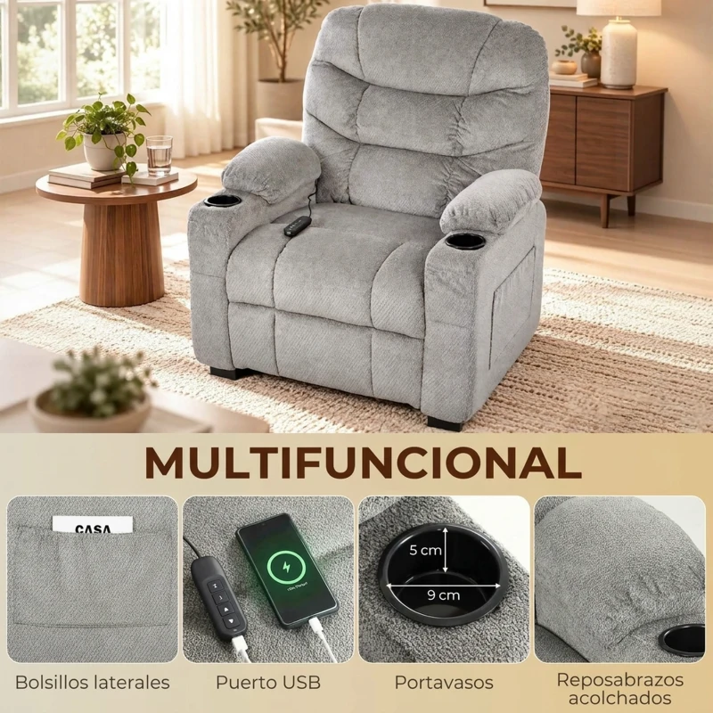 HOMCOM Sillón Relax Reclinable Eléctrico Silencioso con Función Memoria Reposapiés Mando a Distancia Bolsillos Laterales Gris